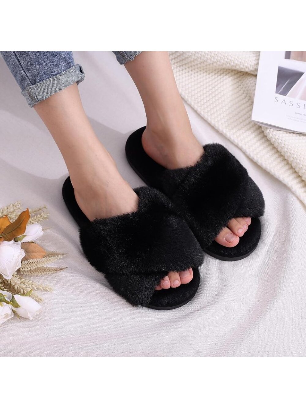 Women's Black Fuzzy Cross Band Memory Foam House Open Toe Soft Slipper Shoes - Picture 2 of 6